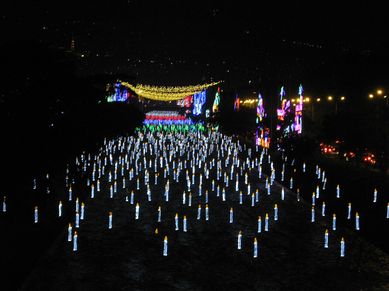 Field of lights from the Alumbrados display on the Medellín River