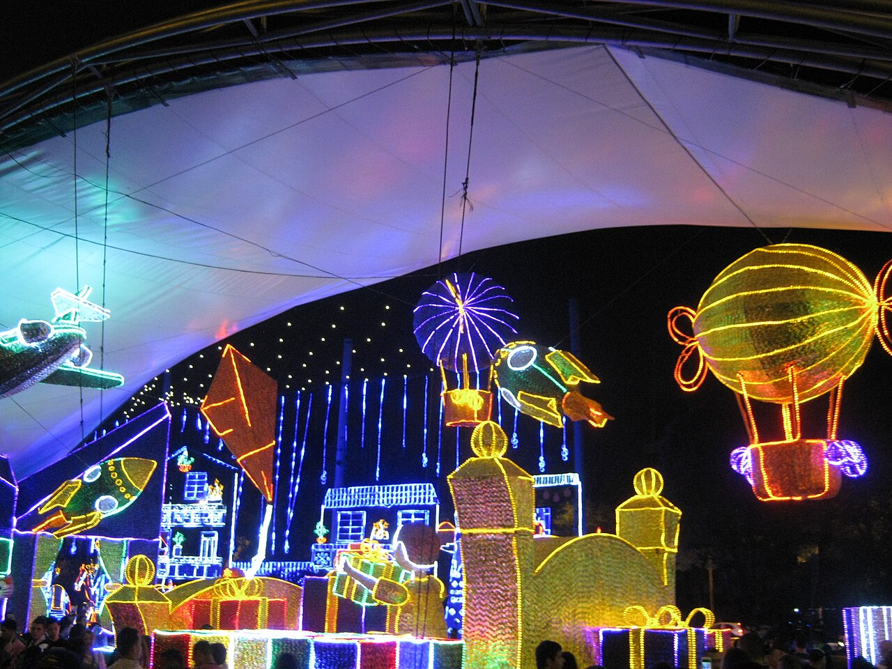Colourful Christmas lights display over the Medellín River