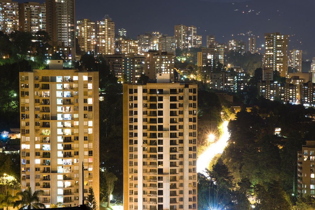 El Poblado in Medellín lit up at night
