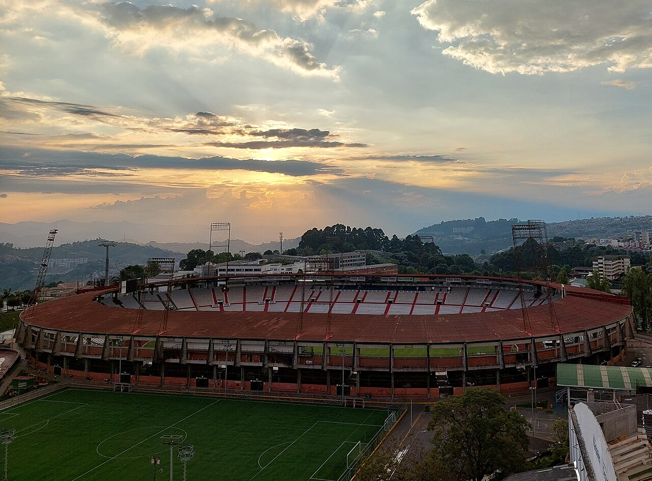 Estadio Palogrande exterior at sunset in Manizales