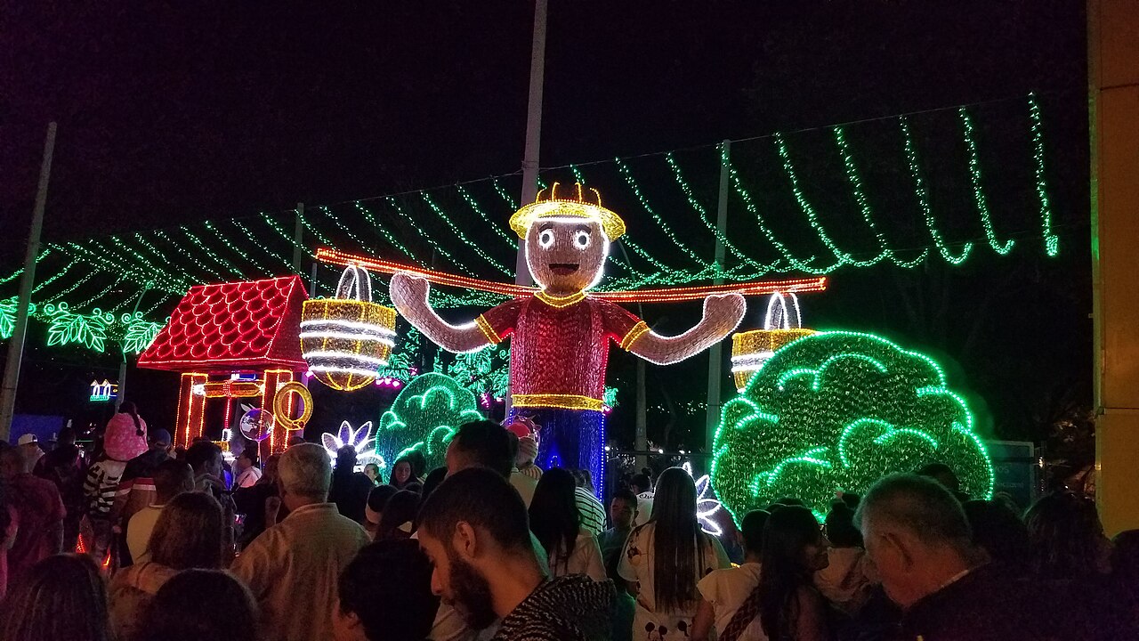 Visitors enjoying Medellín's Christmas lights at night