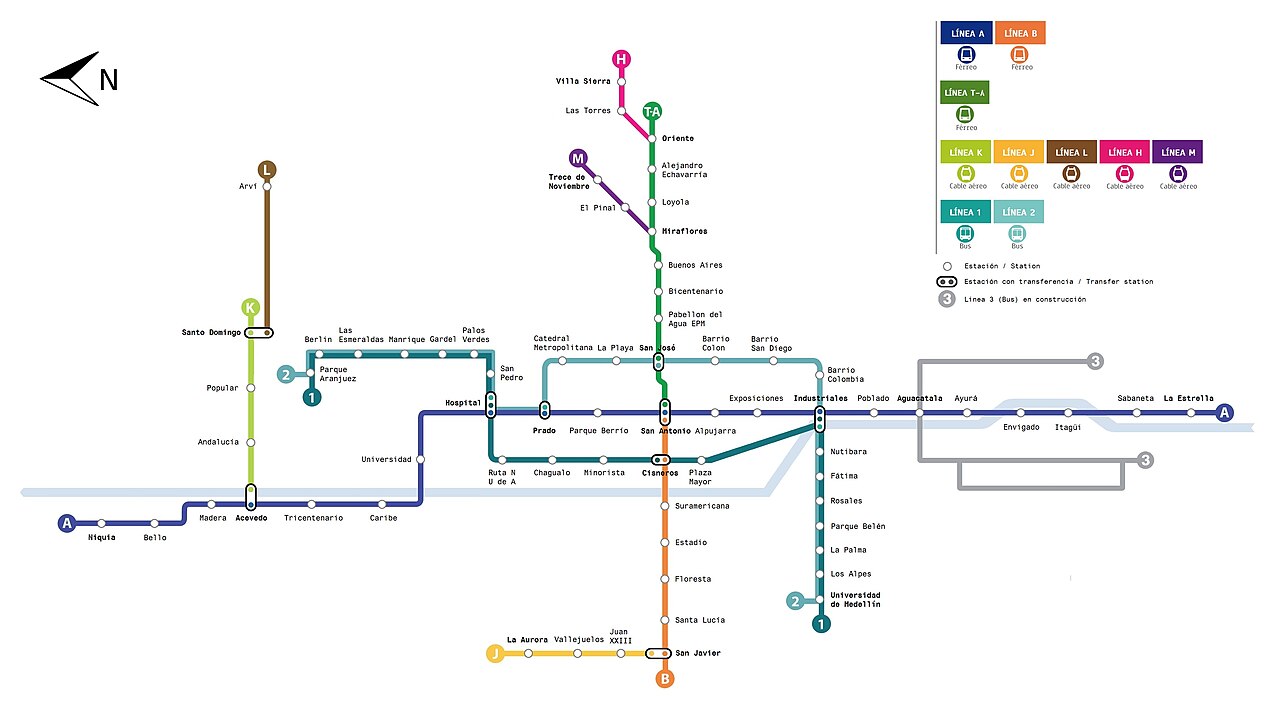 Schematic map of the Medellin metro and integrated transport system