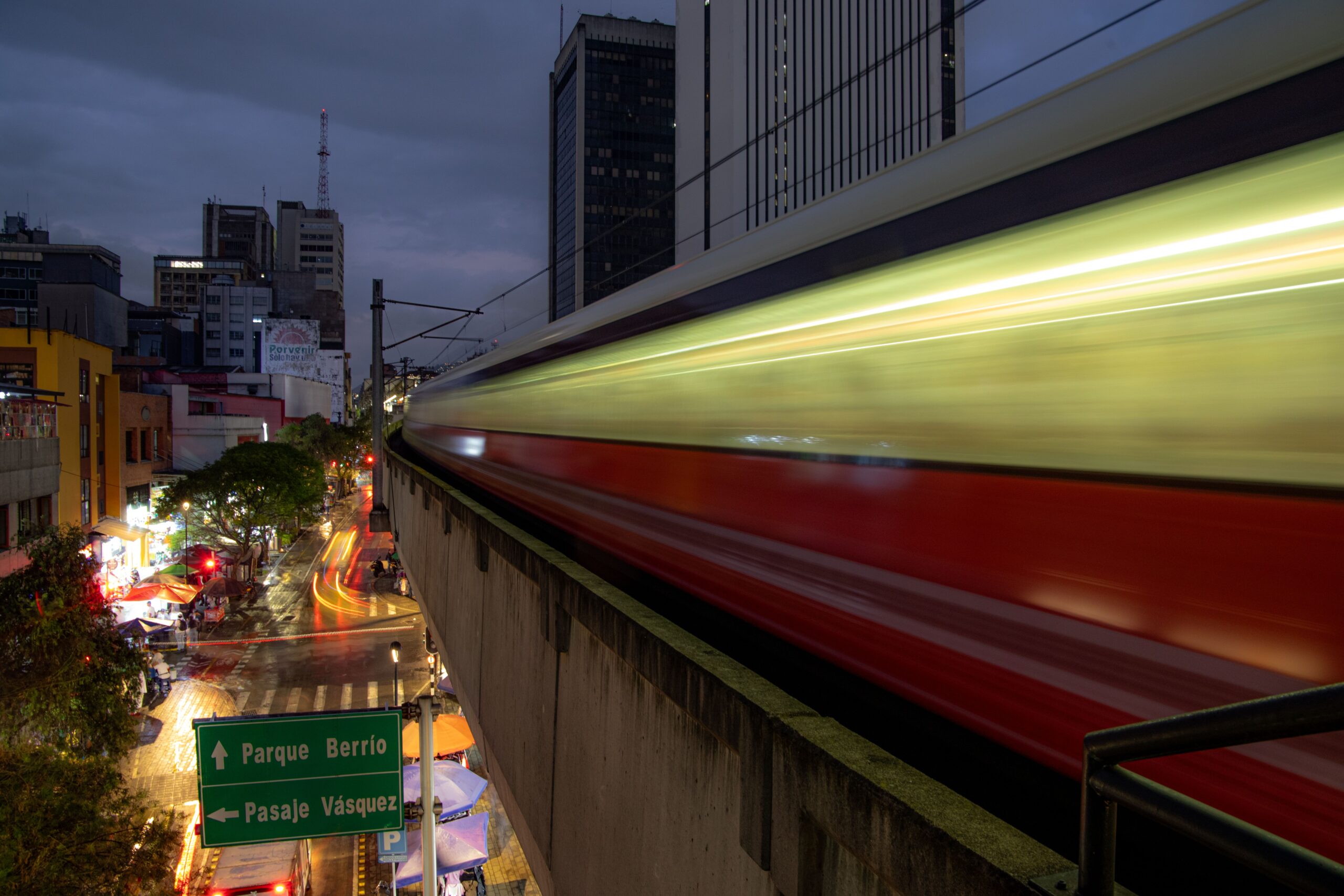 Medellin metro train at dusk