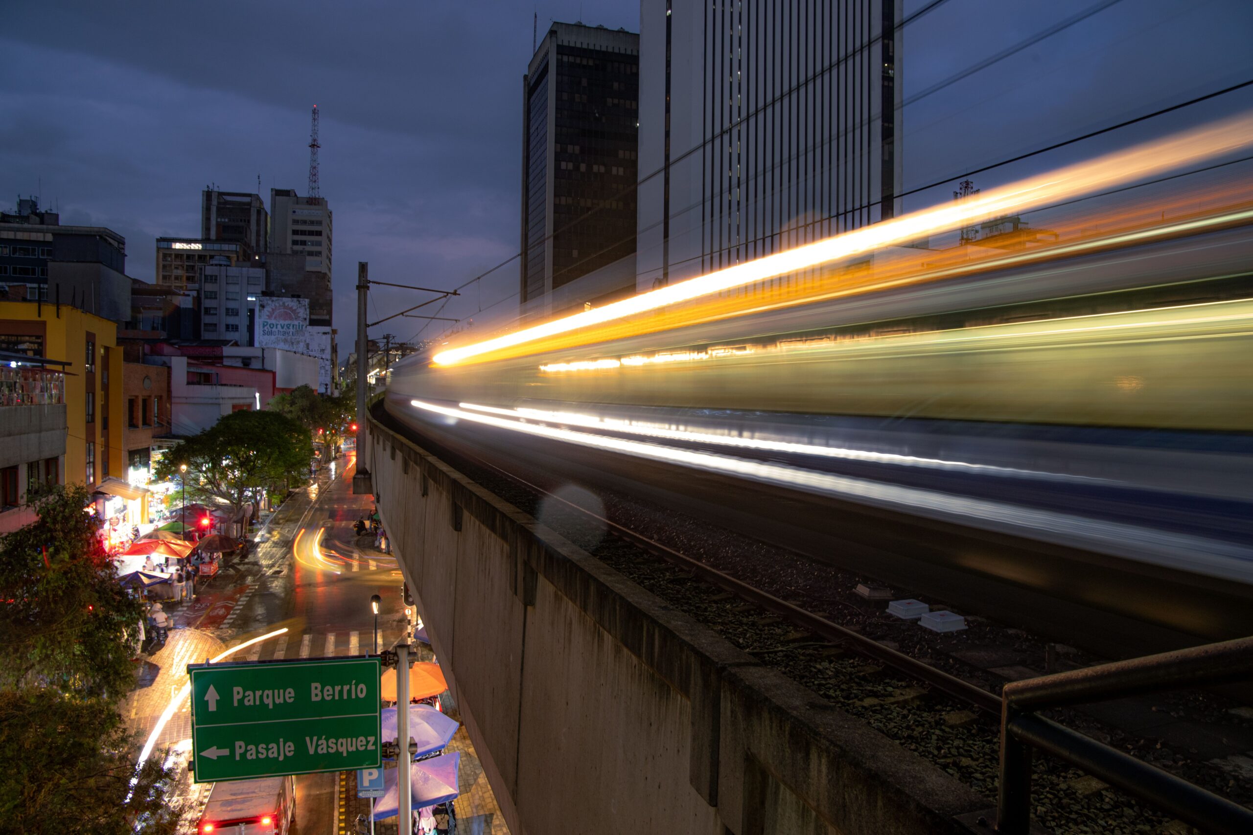 Medellin metro train at night