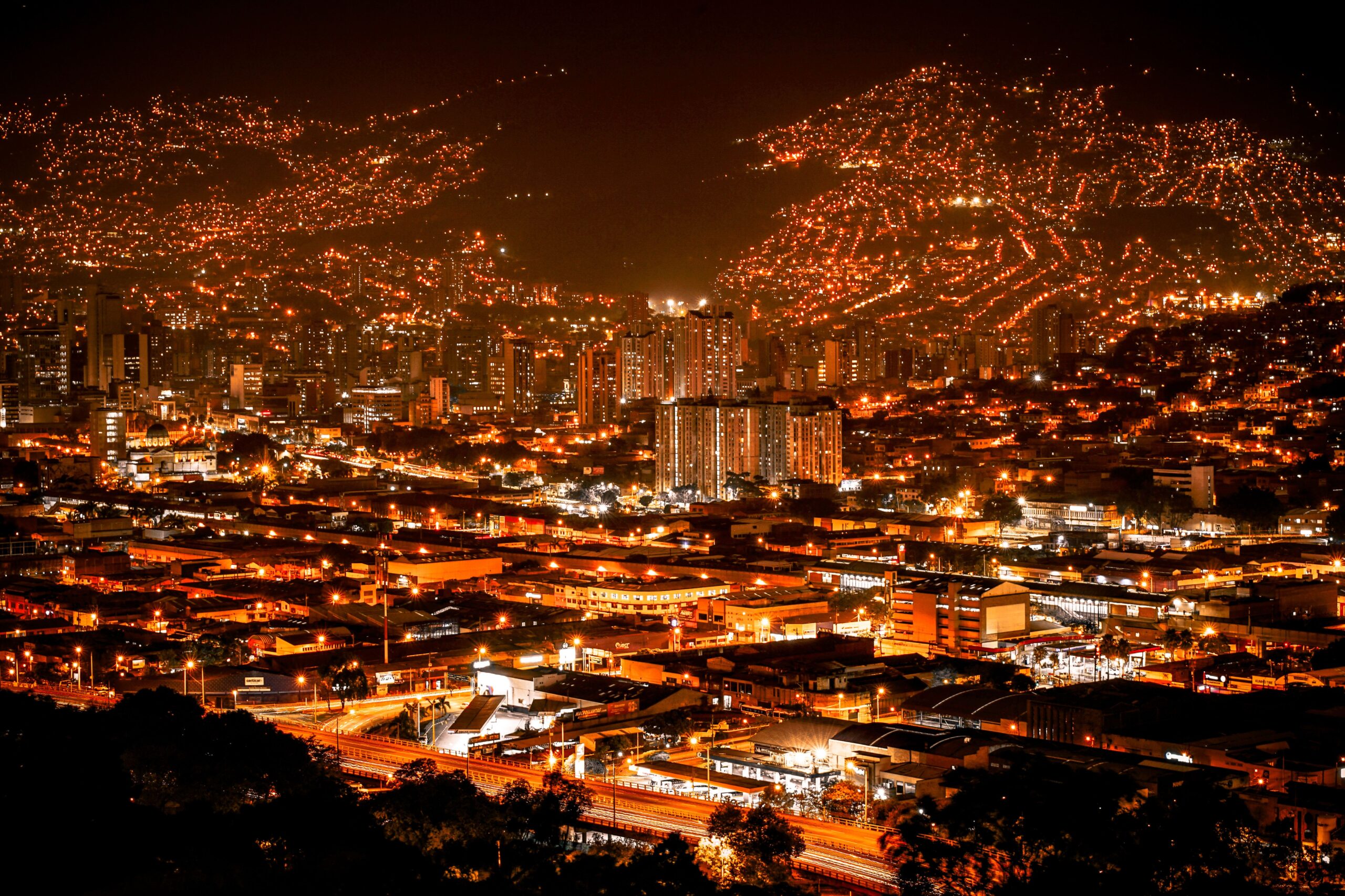 Medellin night skyline aerial view